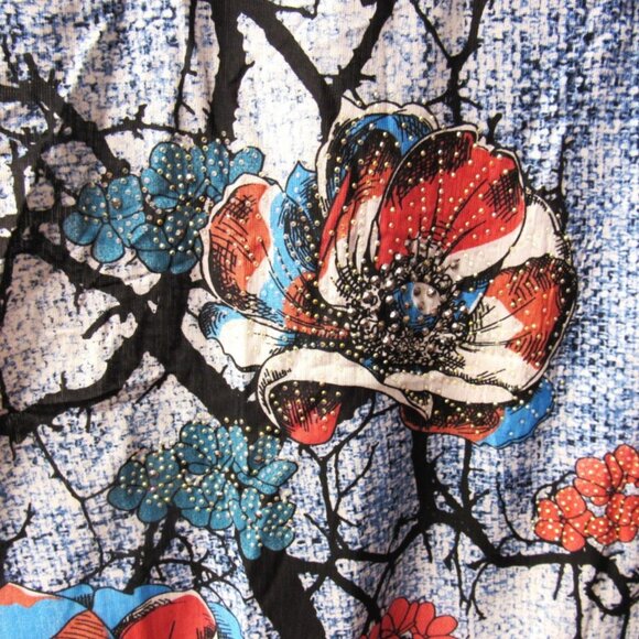 Women's Blue Flower Floral Print Short Sleeve Stretchy Graphic Shirt Sparkle Top - Picture 2 of 3